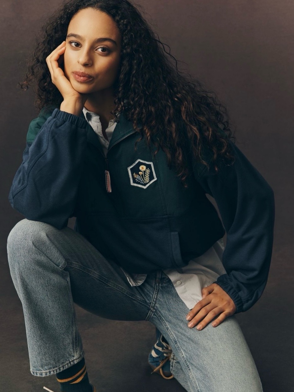Pilcro Green and Navy Half-Zip Pullover Sweatshirt with Embroidered Patch, Large - Picture 8 of 10